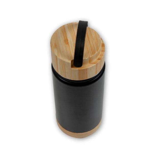 Termo negro con base y tapa de bambú
